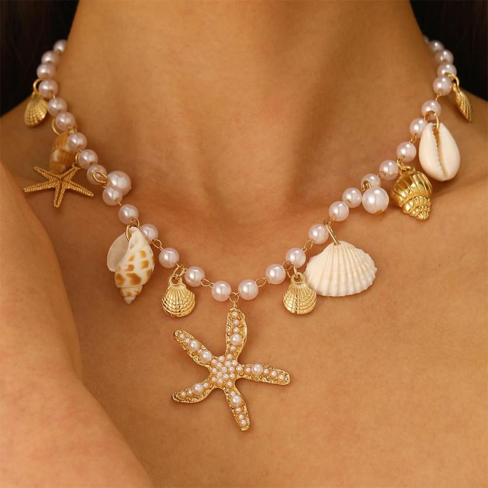 Charming Beachy Sea shell star Starfish Necklace for Women, Dainty Boho Beaded Pearl Seashell Conch Choker Necklaces Cute Beach Holiday Jewelry Accessories (Gold)
