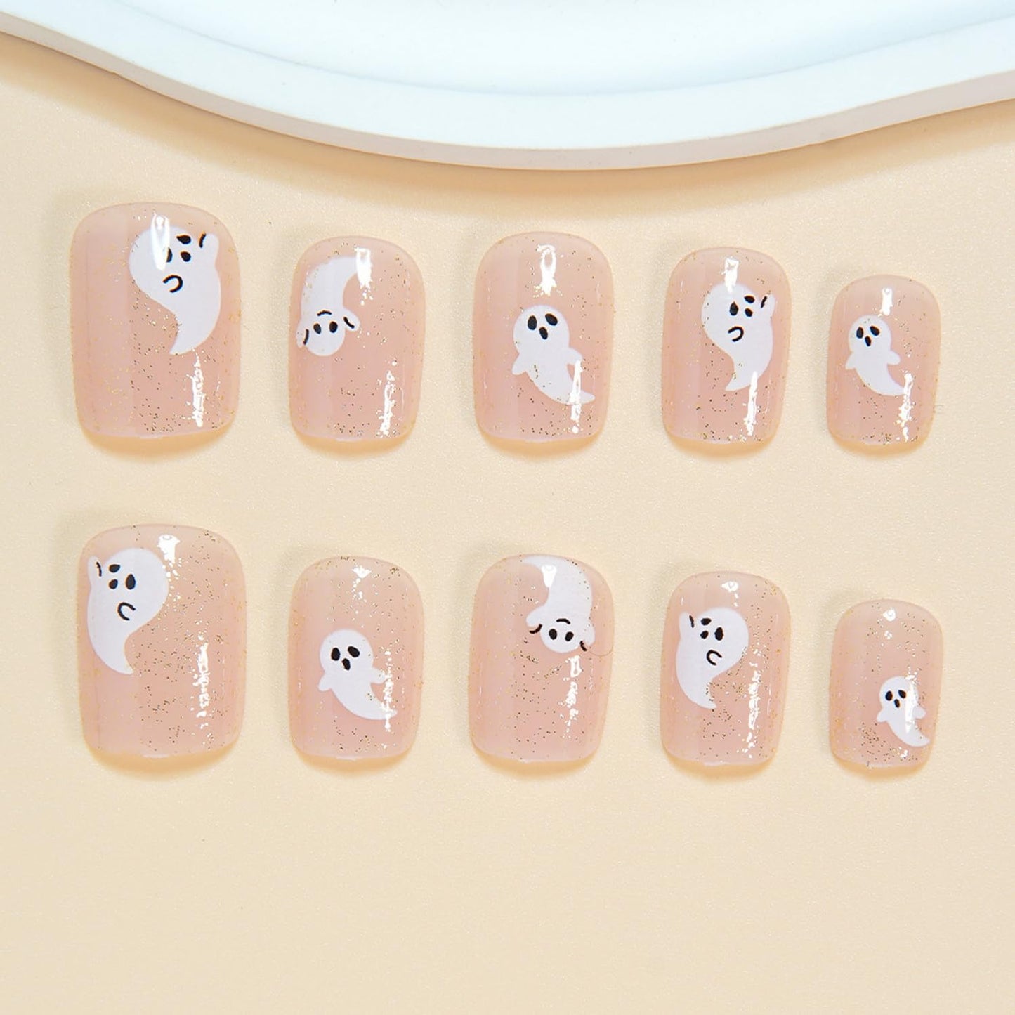 24Pcs Halloween Press on Nail Short Square Fake Nails Ghost Glue on Nails with designs Acrylic Stick on Nail Full Cover Glitter False Nails Cute Press ones for Women Kids Halloween Party Gift
