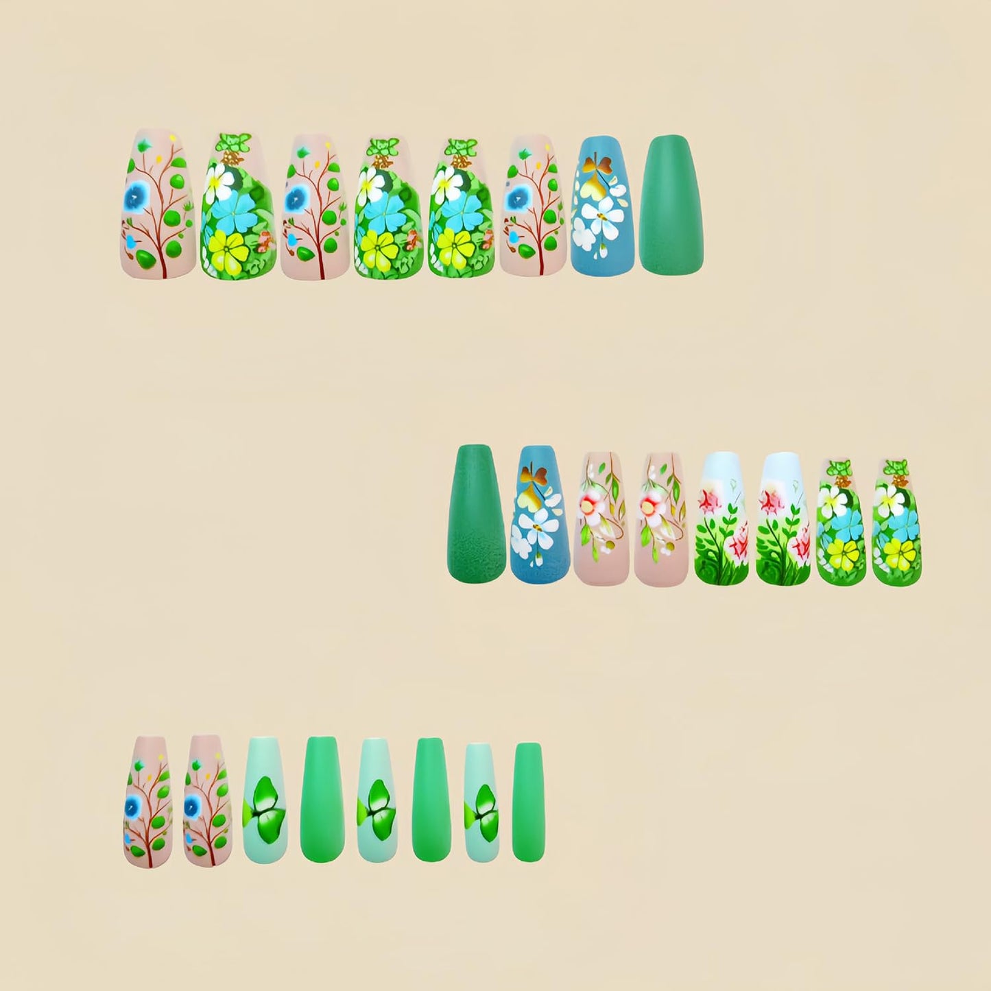 CJDLTS Green Press on Nails Medium Square Nails Flower False Nails Spring Floral Pattern Design Coffin Nails Full Cover Artificial Nails Reusable Stick on Nails 24Pcs Glue on Nails for Women