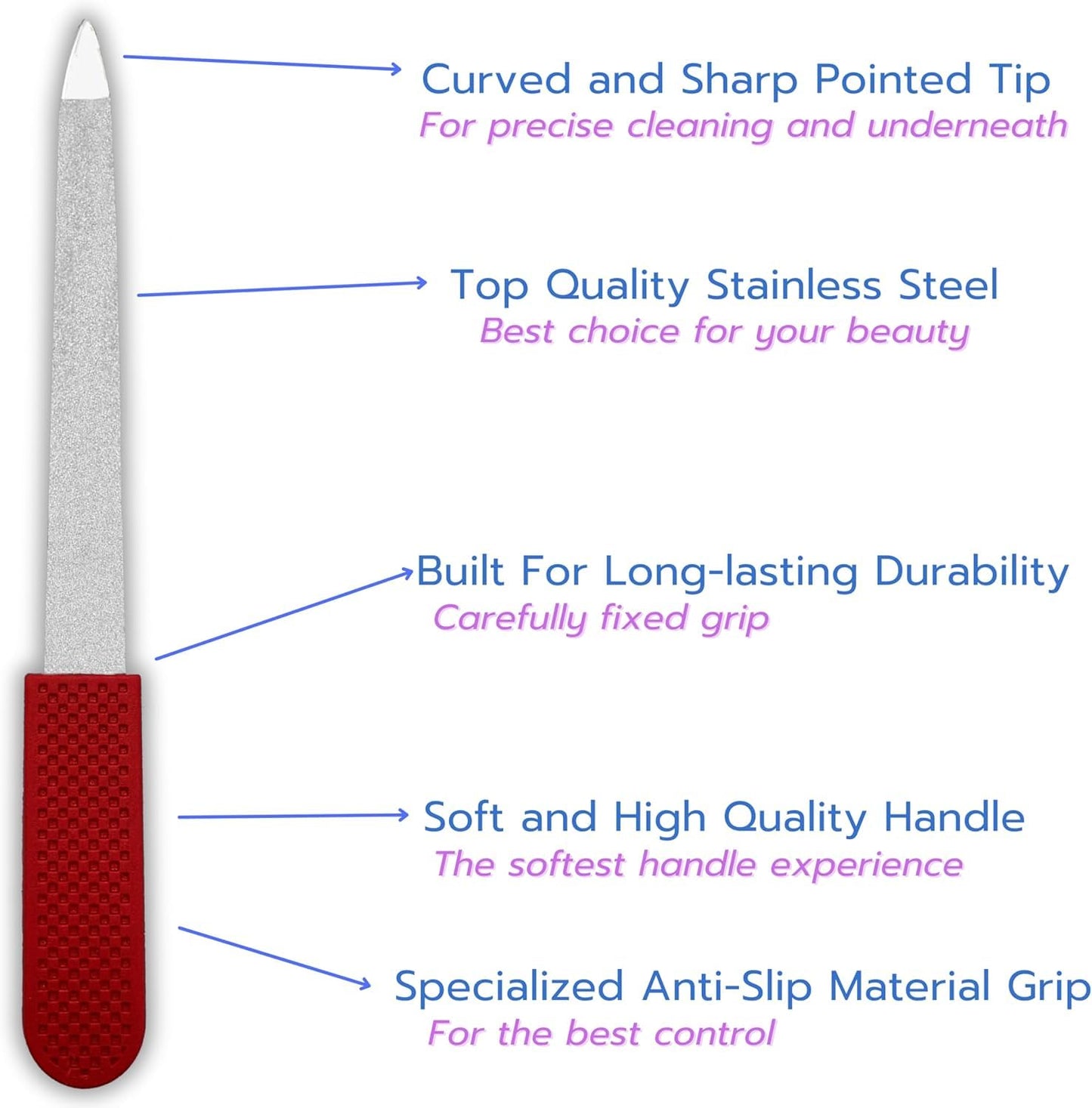 Professional Ruby Red Sapphire Nail File – Fine & Coarse, 5" Stainless Steel, Double-Sided Metal File, Ergonomic Non-Slip Handle, for Natural, Gel, Acrylic Nails, Manicure & Pedicure Tool