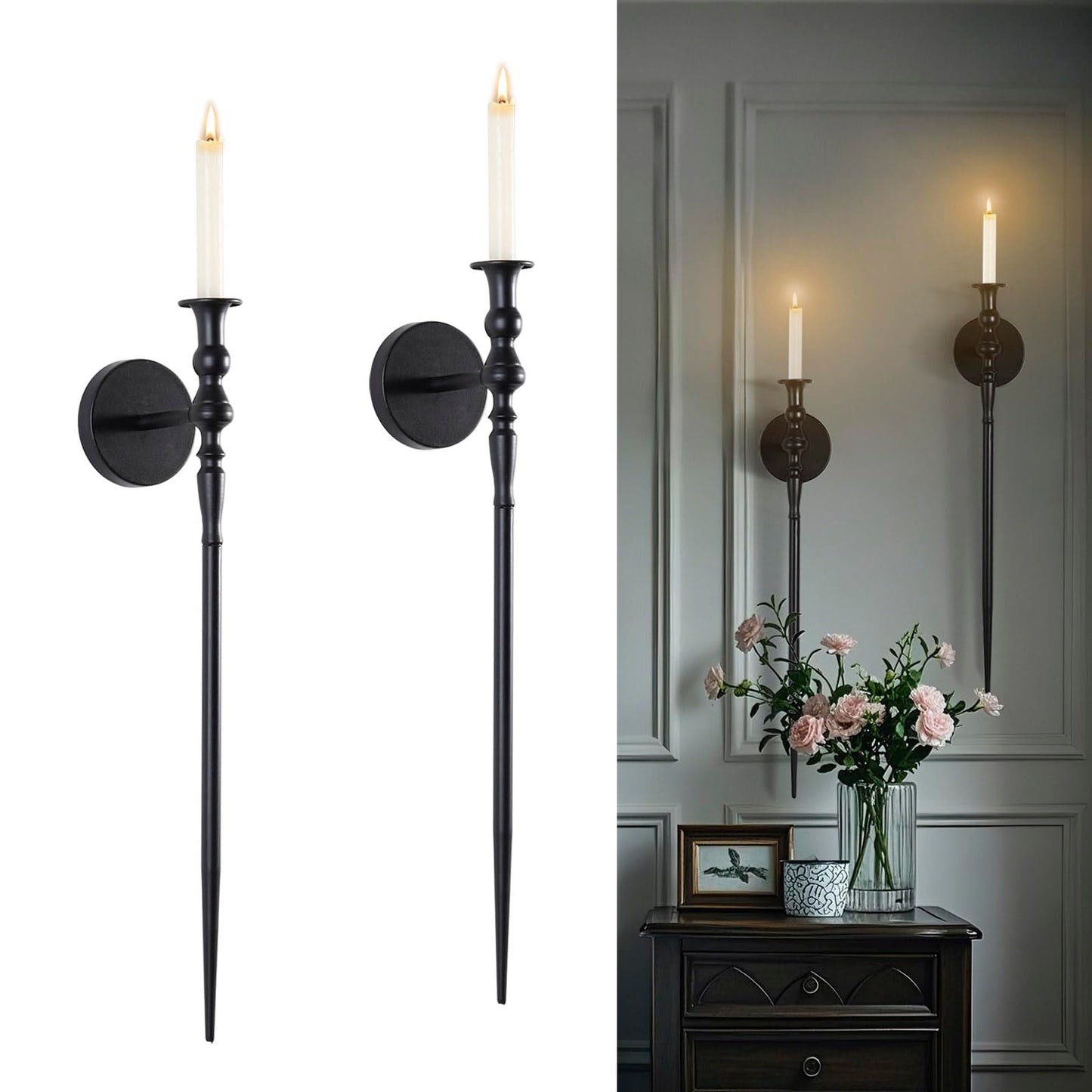 Tim&Lin Wall Sconce Candlestick Holder Set of 2, Large Black Scepter Gothic Design Metal Wall Candle Holder, Home Wall Decoration for Living Room, Bathroom, Dining Room
