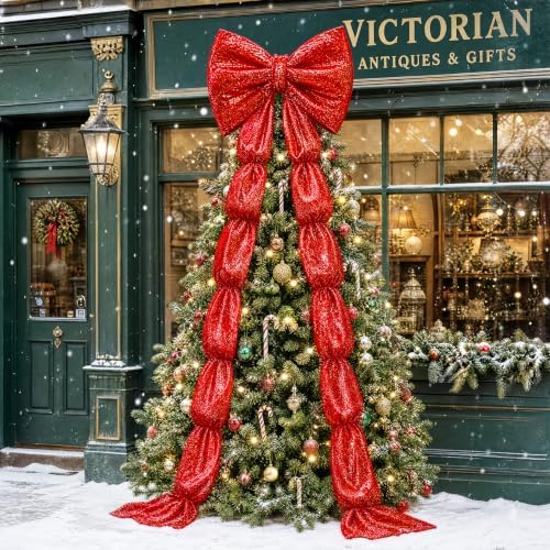 Giant Bow Red Christmas Tree Topper Decor Sequin Large Bow with Long Ribbon 75x23 Inch Gaint Xmas Tree Toppers Decor 3D Big Bows for Christmas Front Door Home Wreath Wall Backdrop Party