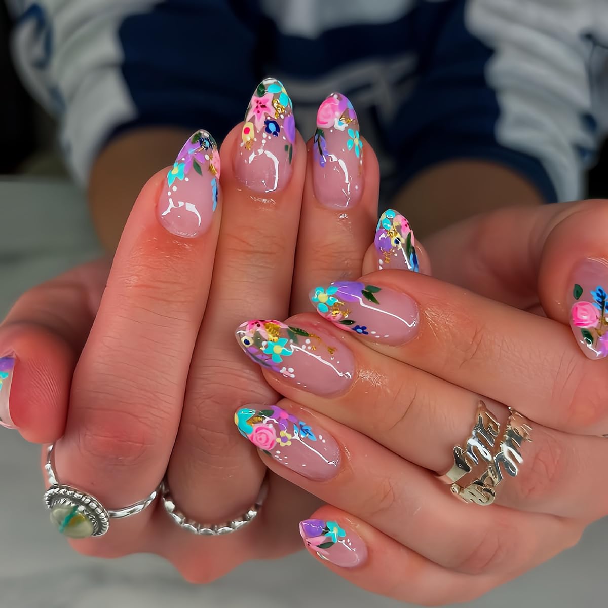 plalely Long Press on Nails Almond, Acrylic Press on Nails with Flower Designs, Long Almond Nail Tips for Women 24pcs