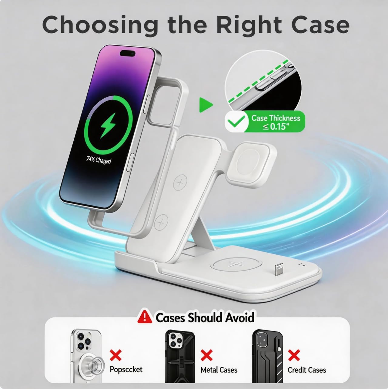 iGaur 5 in 1 Wireless Charging Station for Multiple Devices, Premium Fast Charging Stand for Apple Samsung Android, Dual Phone Dock with USB Port for Desk Nightstand