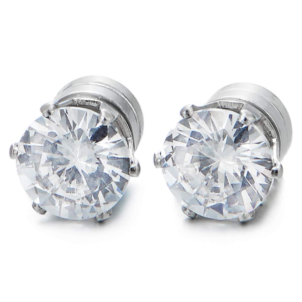 COOLSTEELANDBEYOND Unisex Magnetic Cubic Zirconia Stud Earrings, 8mm Brilliant Round Stainless Steel Non-Piercing Studs, 1 Pair