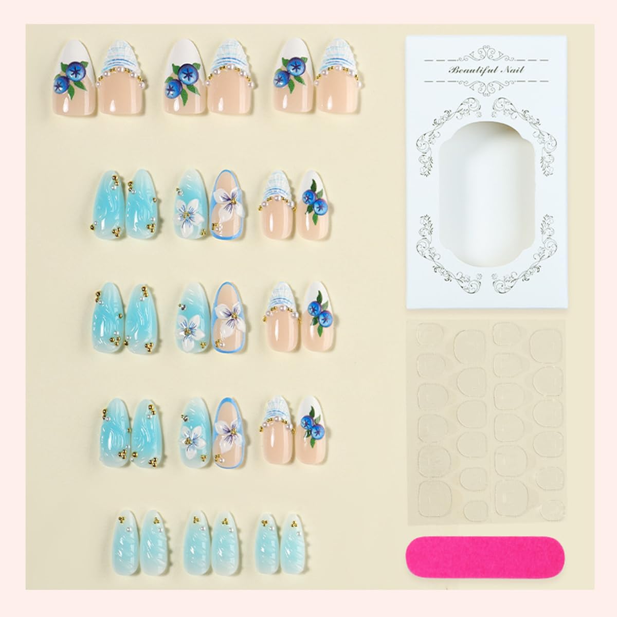 30Pcs Handmade Press on Nails Medium Almond False Nails 3D Ocean Wave Blueberry Floral Shell Design French Tip Fake Nails with Pearls Rhinestones Glossy Full Cover Acrylic Stick on Nails for Women