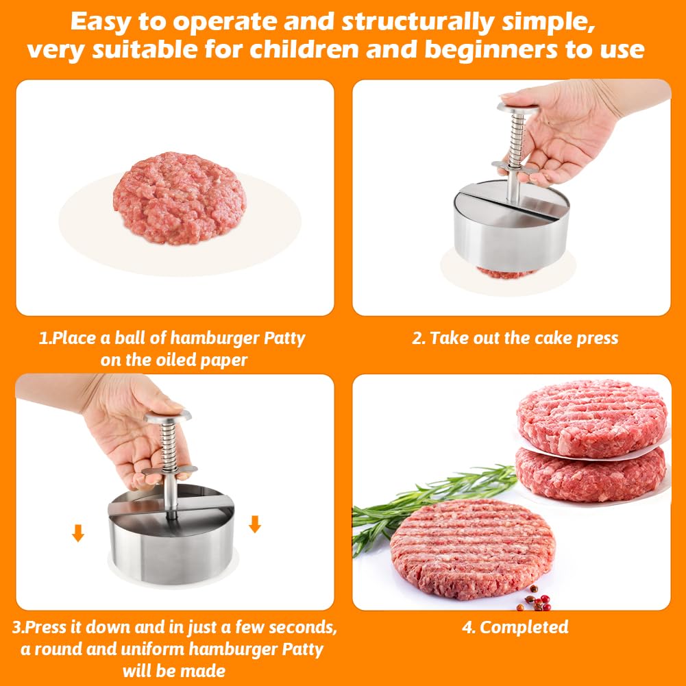 Quivorant 4.5" Burger Maker Press with 50 Patty Papers, 304 Stainless Steel Adjustable Non-Stick Hamburger Patty Maker, for Kitchen BBQ & Sandwich, Beef, Vegetables, Meat, Party Grill, Easy Release