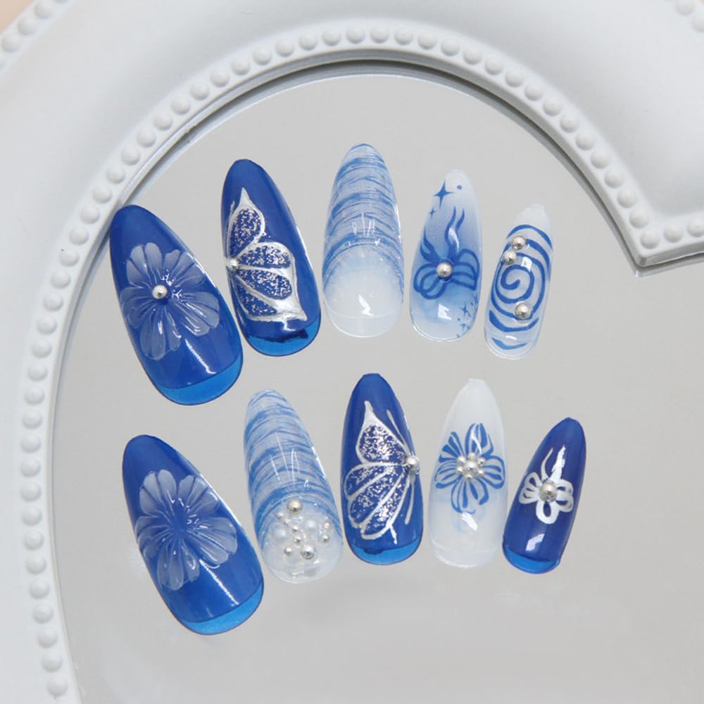 24 Pcs Summer Press on Nails Short Almond,MINGCHUN Blue Chrome Fake Nails Press ons Acrylic Nail Art Tips Kit Full Cover False Nails Glue on Nails with 3D Shell Flowers Design for Women Nail Supplies