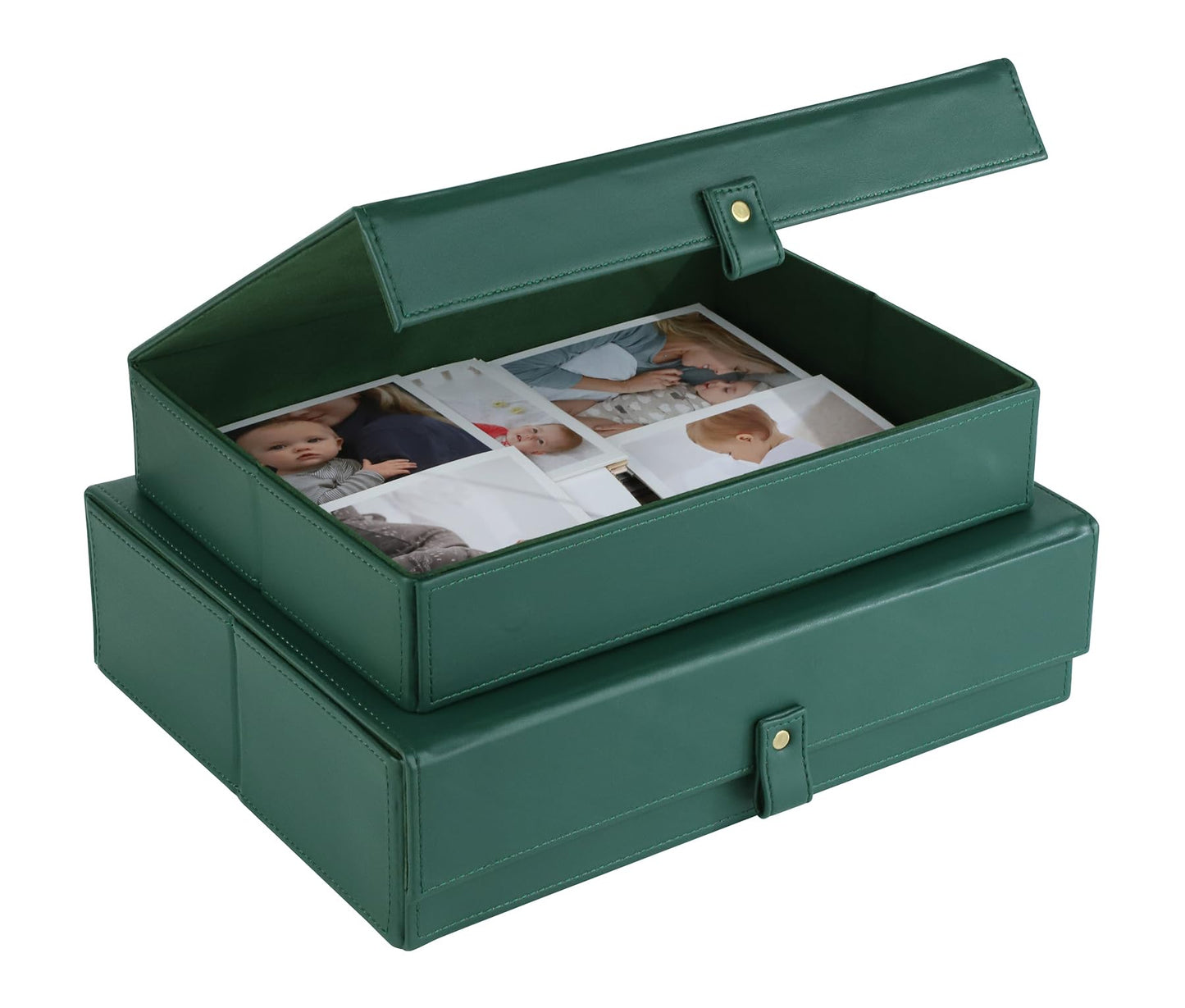 HofferRuffer Photo Storage Boxes with Dust-Proof Lid, Set of 2 Faux Leather Lidded Storage Bins, Photo, Jewelry, Scrapbooking Supplies, Keepsake Organizer for Elegant Home & Office Decor (Green)