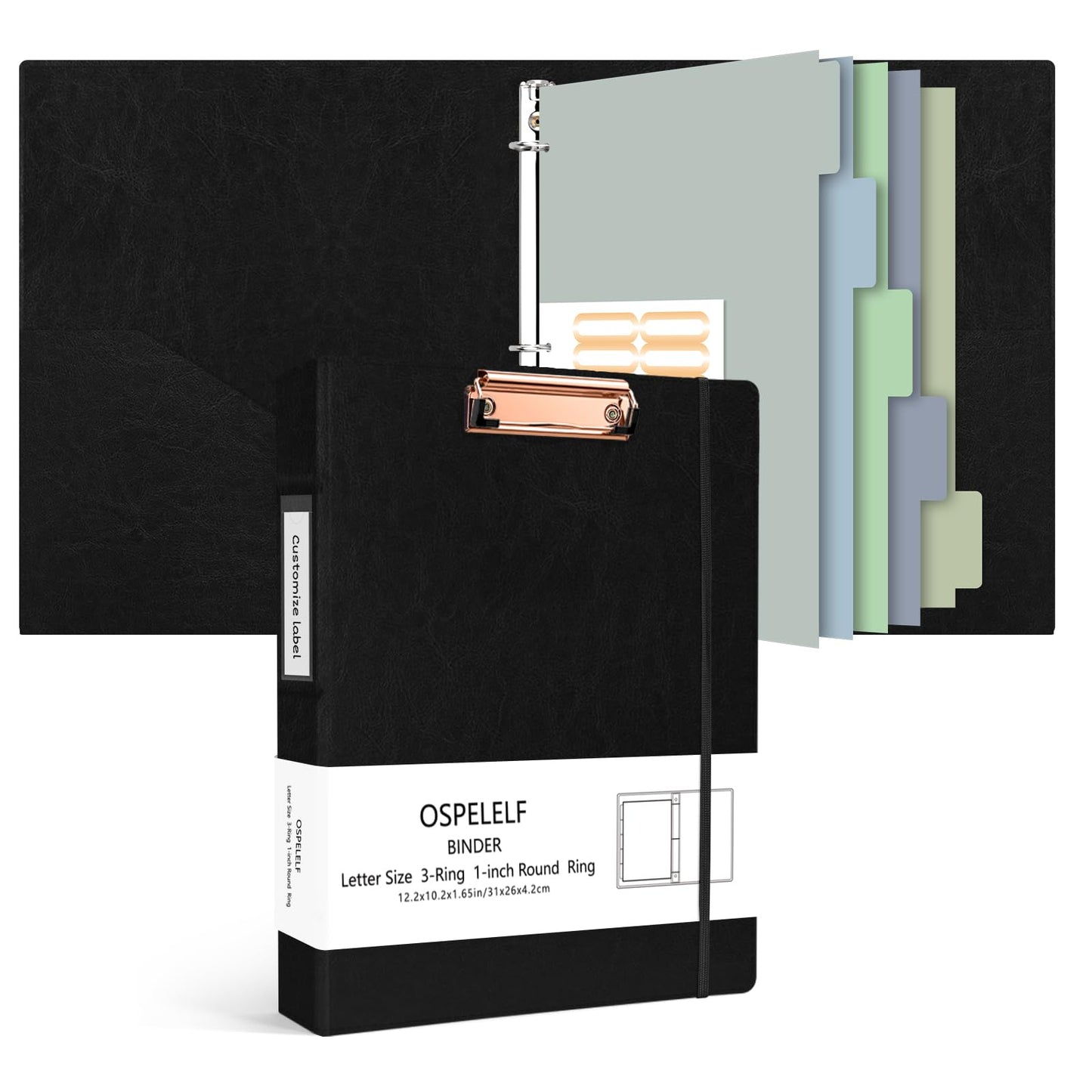 Ospelelf 3 Ring Clipboard Binder 1 Inch Leather for Letter Size (8.5" x 11"), Clipboard Binder with 5 Tab Dividers, Black