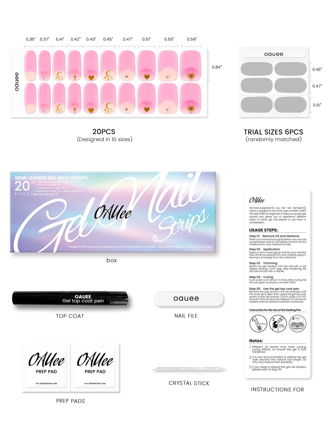 Oauee Semi Cured Gel Nail Strips | Built-In Gel Top Coat | UV Light Required | Salon Quality, Easy Application And Removal (Pink Elegance）