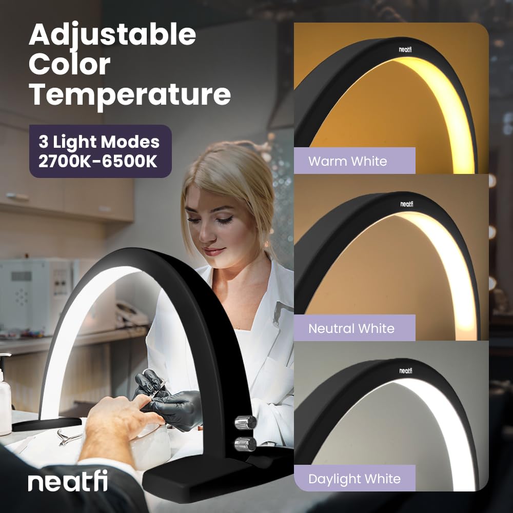 Neatfi LED Half Moon Table Lamp | 1,600 Lumens | 3 Light Modes | Desk Light for Nail Tech, Estheticians, Cosmeticians | Manicure, Facial Treatments, Threading, Tattoo Applications (Black)