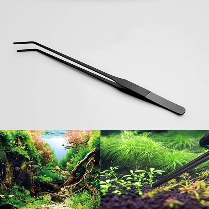 EvaGO 15 inch Black Curved Aquarium Tweezers Stainless Steel Curved Tweezer with Carbonation Protection Coating Against Rust Long Reptiles Feeding Tongs for Aquatic Plants Lizards Spider Snakes