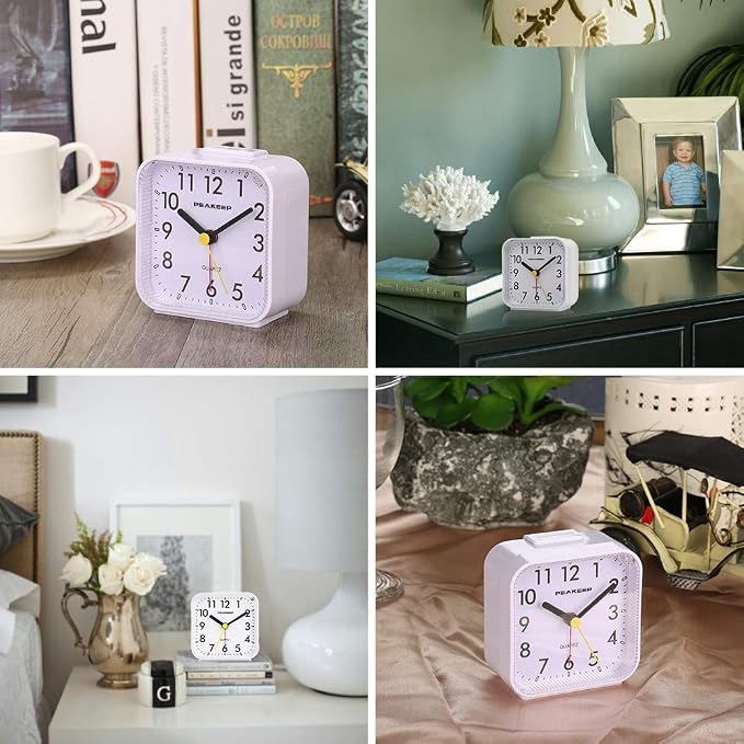 Peakeep Small Battery Operated Analog Travel Alarm Clock Silent | No Ticking, Lighted on Demand and Snooze, Beep Sounds, Gentle Wake, Ascending Alarm, Easy Set (White)