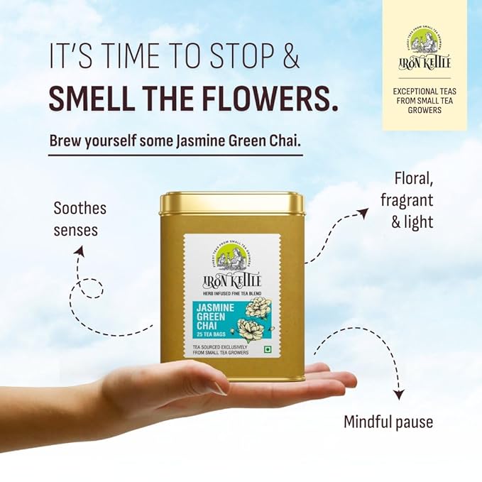 IRON KETTLE Jasmine Green Tea | High Grown Green Tea Bags with Natural Jasmine Extract | 25 Teabags