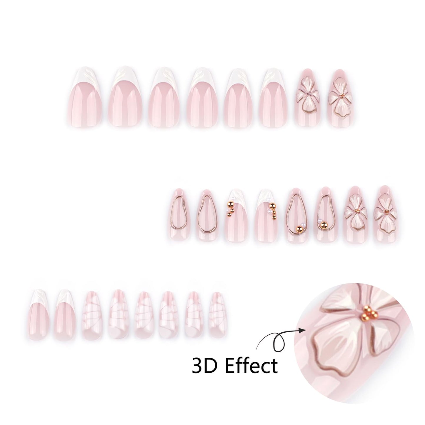 3D Flower Press On Nails Almond Shape – Medium Length Nude Pink Acrylic Fake Nails with Gold Beads & White Tips, 24PCS Glossy Stick On Nails with Tools, Reusable Elegant False Nails for Women