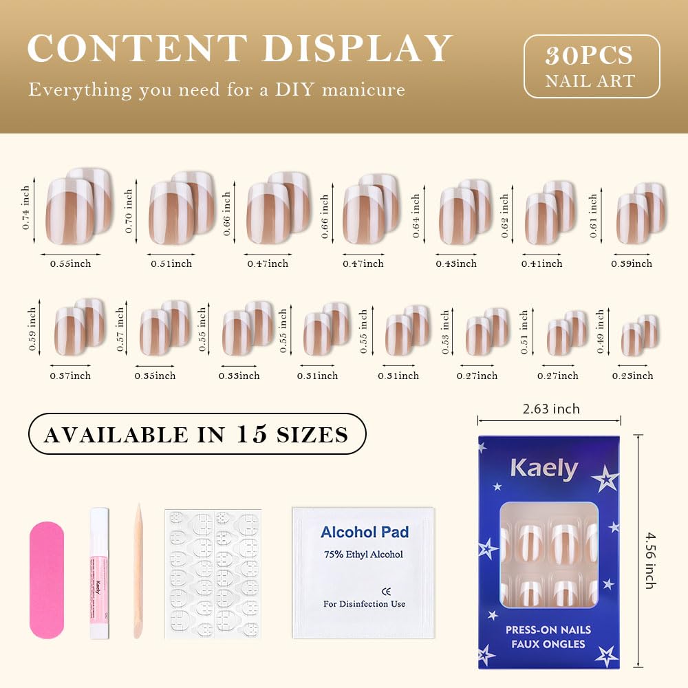 evpct French Tip Press On Nails Short Square, Nude Brown + White Tips, Chrome Glazed Glossy Short Square Fake False Press on Nails, Reusable Gel Stick on nail Press ons with Nail Kit, Salon Quality