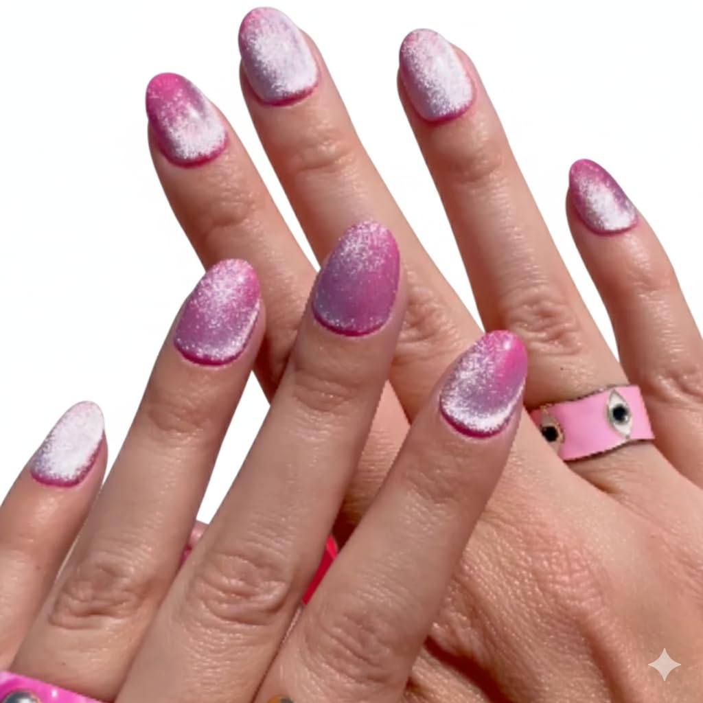 PaintLab Press-On Nails Manicure Kit, Pink Boom Cat Eye, 30-Piece Set, Long-Lasting Fake Nails with Glue, File, Prep Pad & Cuticle Stick