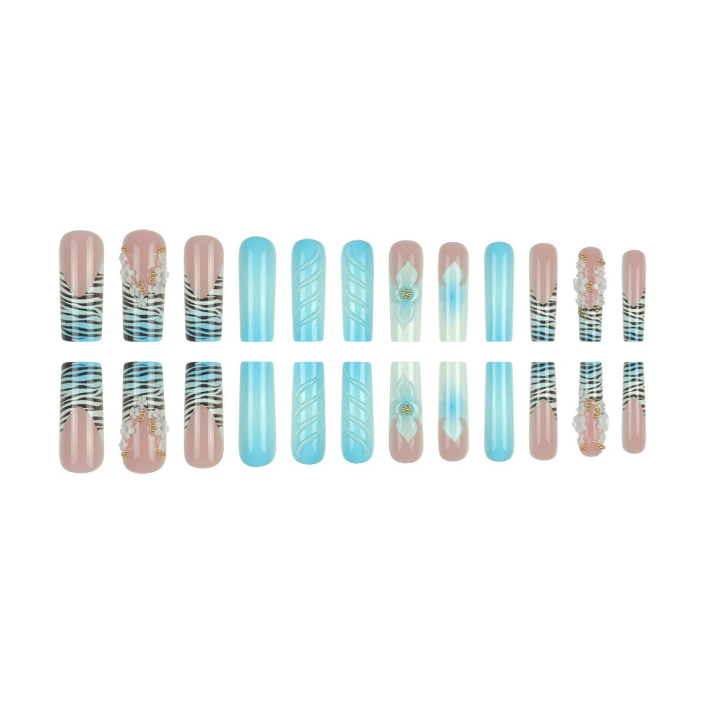 Square Press on Nails Extra Long Artificial Nail Blue Flowers Stick on Nail 24pcs
