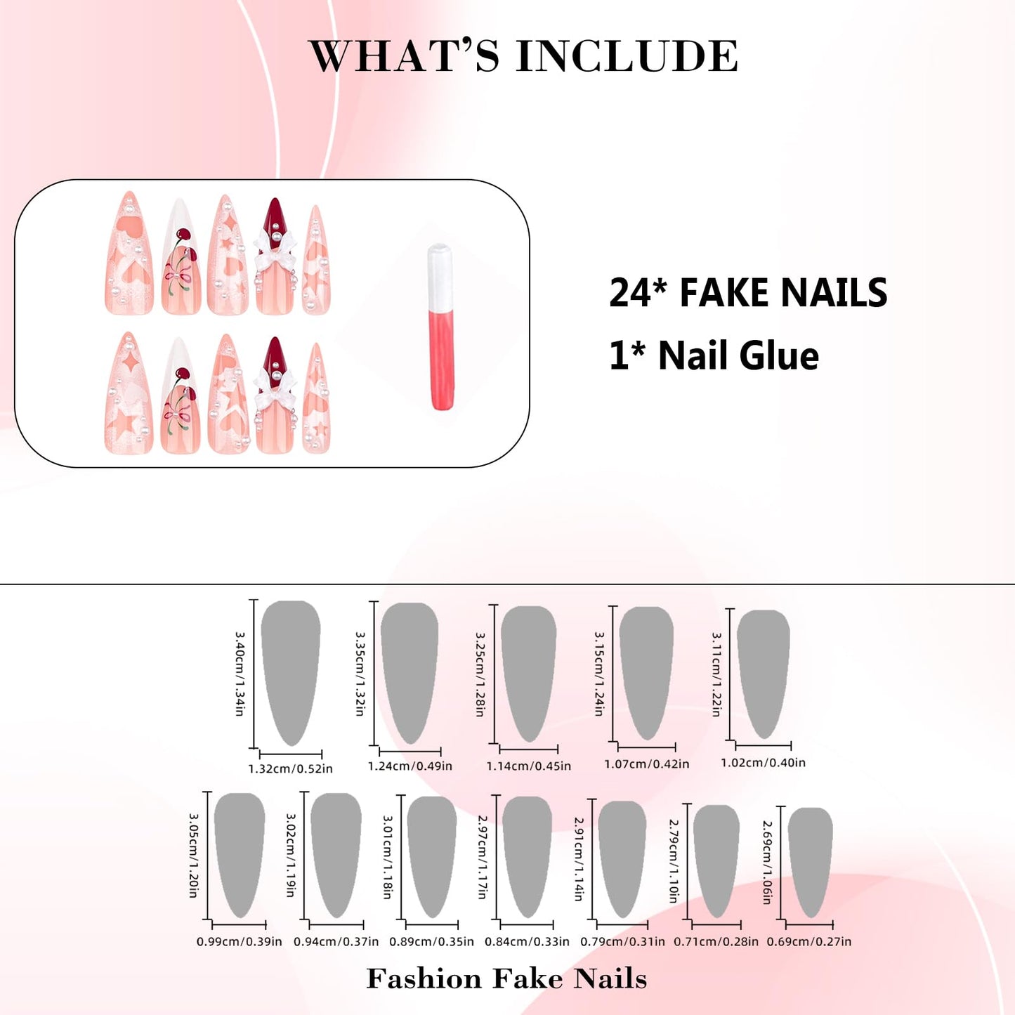 IMRAIN Long Press on Nails Stiletto Red French Tips Fake Nails Full Cover Glossy Acrylic Nails Press ons Cute Cherry & Bow Designs Glue Stick on False Nails for Women 24Pcs
