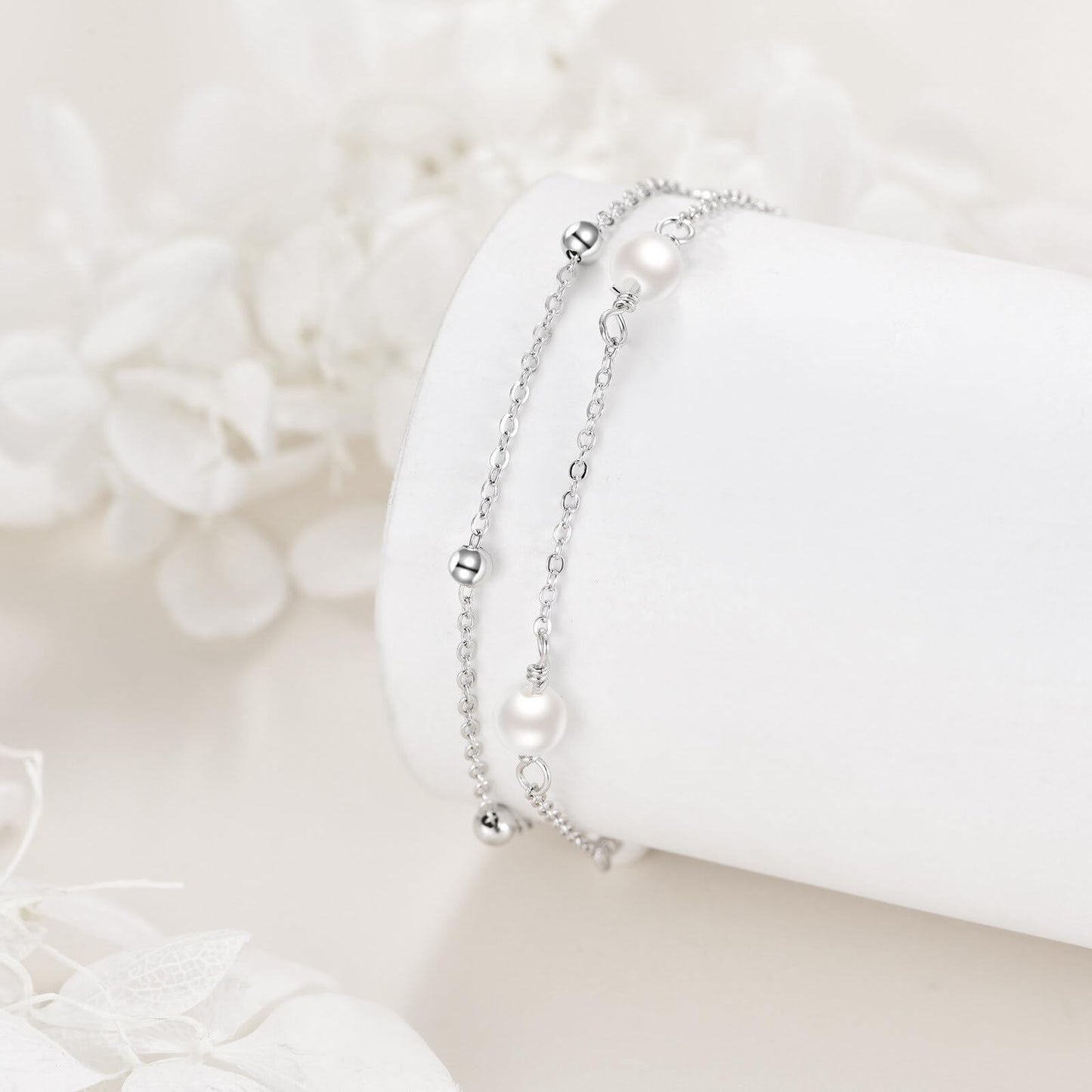 CRMAD Pearl Bracelet Anklet for Women Sterling Silver Beach Jewelry Gift for Women (pearl, bracelet 7+2'')
