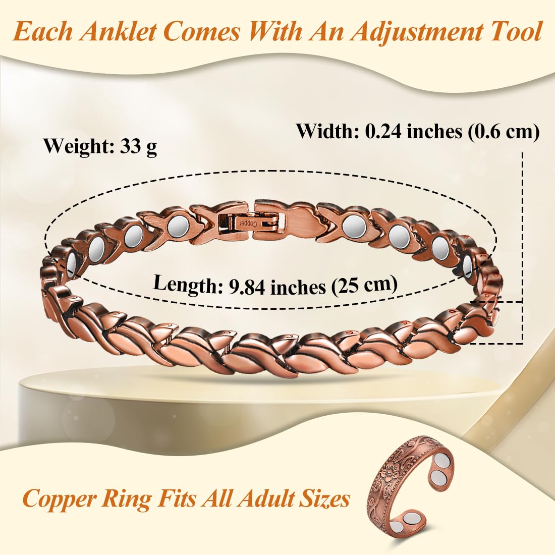 Vicmag Copper Anklet for Women Magnetic Ankle Bracelet with Ultra Strength Magnets 99.9% Solid Copper Gift for Her (Adjustable)