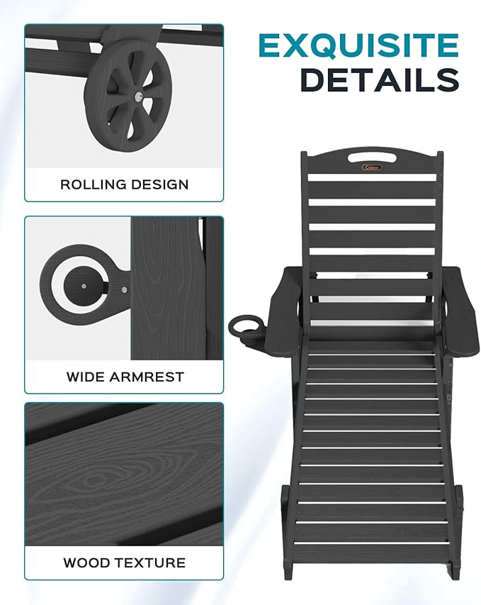 Ciokea Lounge Chair Outdoor, Oversized Chaise Lounge Chair with 5 Positions, HDPE, Patio Lounge Chair with Wheels & Cup Holder for Pool, Deck, Poolside, Black