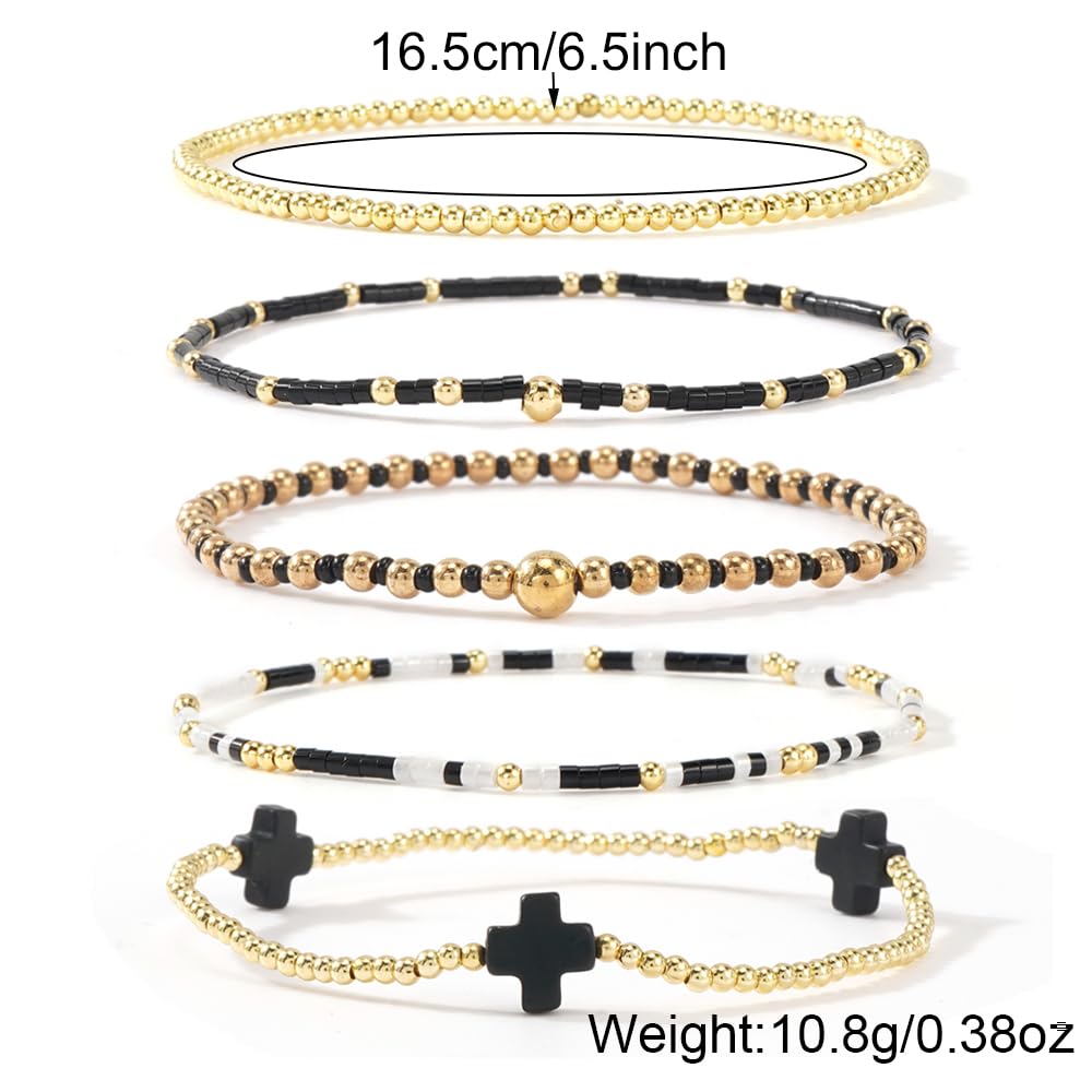 Bohxantium Gold Cross Beaded Bracelets Stack for Women, Black Boho 5PCS Stackable Stretch Set with 14K Gold Beads Waterproof Non Tarnish Jewelry for Beach Summer Party Christian Faith Friendship Gift