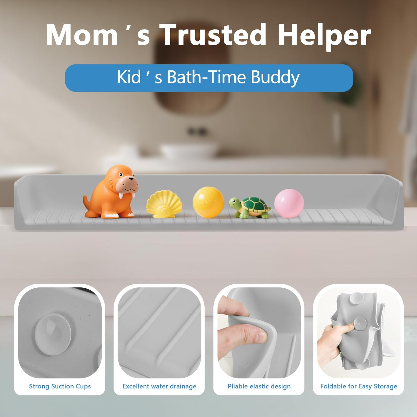 Akrelyan 31.5" Bathtub Splash Guard for Tub Kids, Silicone Splash Shield with 11 Suction Cups, Toy Tray Shelf, No Spill Water Barrier, Prevents Mess, Fun Bathtime for Toddlers Baby–Gray