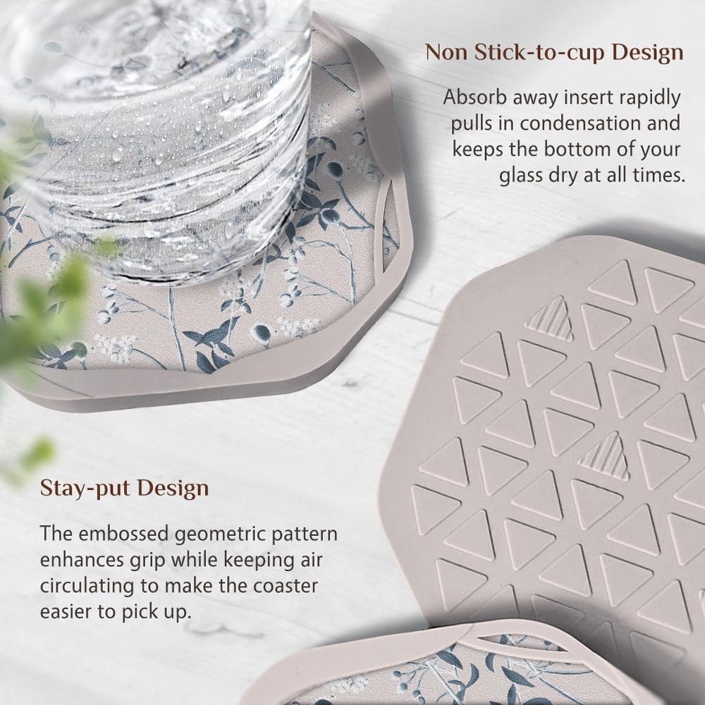 UMIRRO Absorbent Coasters for Drinks, Floral Silicone Cup Coaster with Felt Insert for Table Decor, Small Unique Birthday Gift Ideas for Coffee Lover, Men Dad Him Women Mom Her, 4", Set of 4