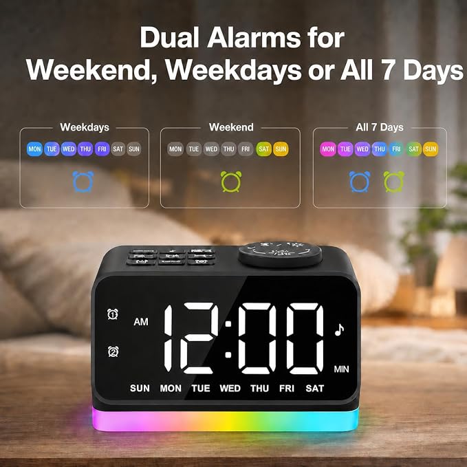 JALL Digital Alarm Clock with FM Radio for Bedroom, 8 Colors Night Light with 2 Charging Port, Sleep Sound Machines with Timer, Dual Alarm, Loud Alarm and Easy to Use for Seniors as Gift