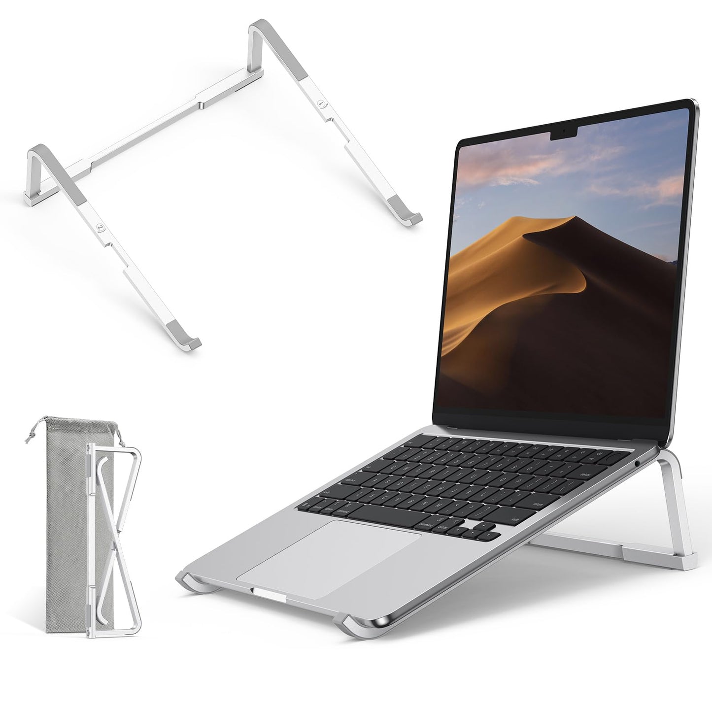 OMOTON Portable Laptop Stand for Desk, Foldable Aluminum Laptop Riser, Ergonomic Computer Stand Compatible with for MacBook Pro/Air, Dell, HP, Lenovo, 10-17.3'' (Silver)