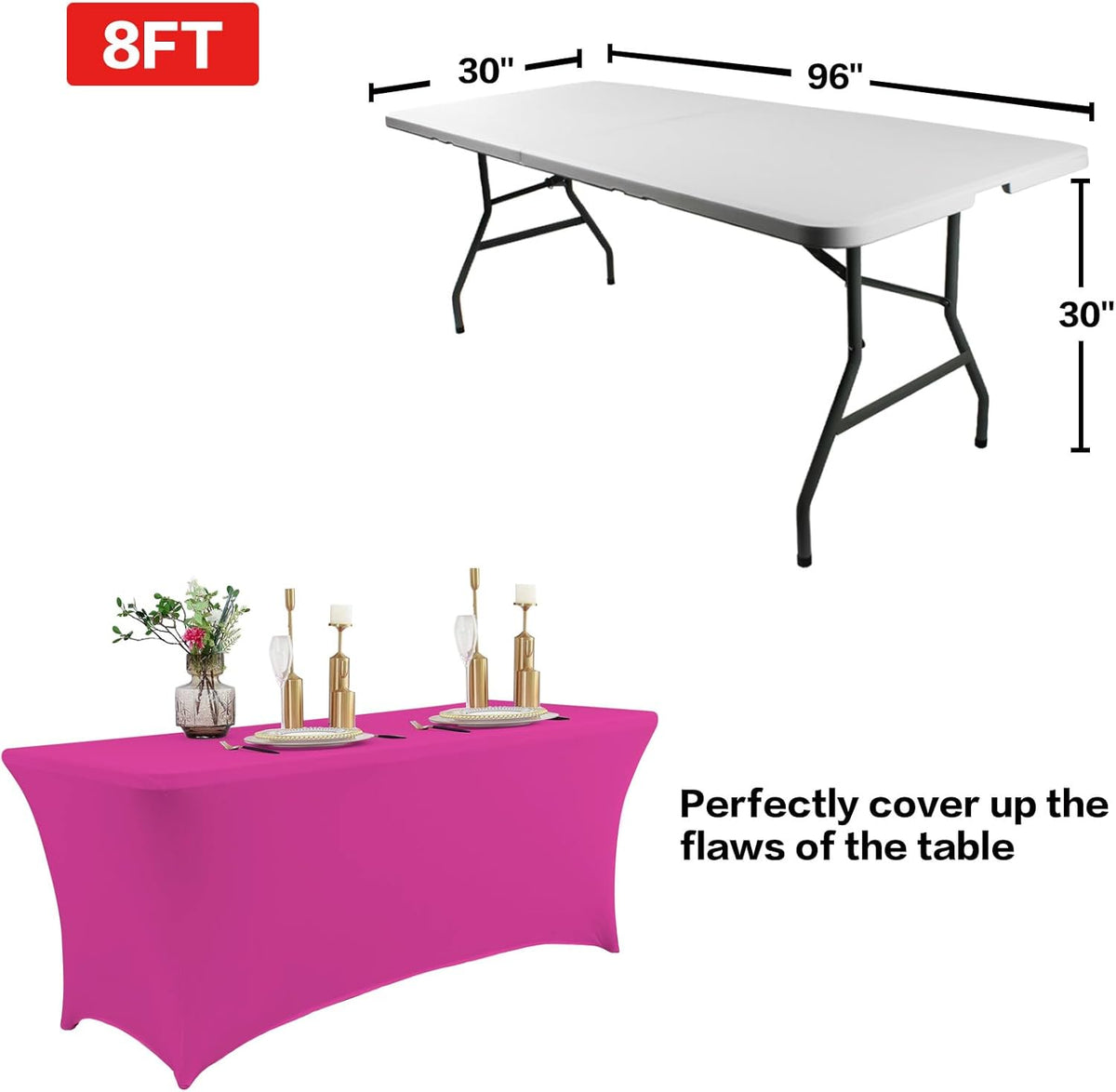 IVAPUPU 2 Pack 8FT Table Cloth for Rectangular Fitted Events Stretch Fuchsia Table Covers Washable Cover Spandex Tablecloth Protector for Party, Wedding, Cocktail, Banquet, Festival
