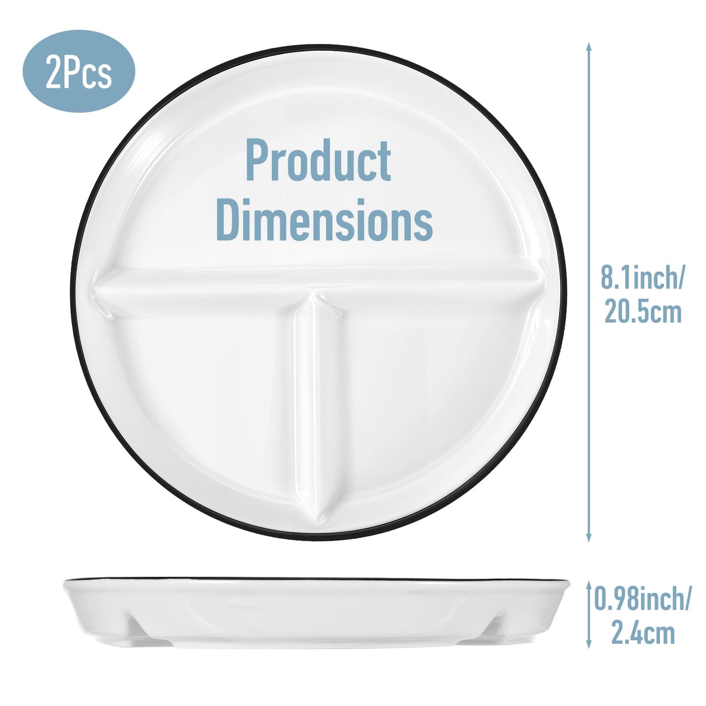 mekueeex Ceramic Divided Plates Set of 2Pcs, 8 Inch Portion Control Plate, Reusable Bariatric Plate for Adults, 3 Compartment Plates, White Dinner Plates for Balanced Meal, Microwave, Dishwasher Safe