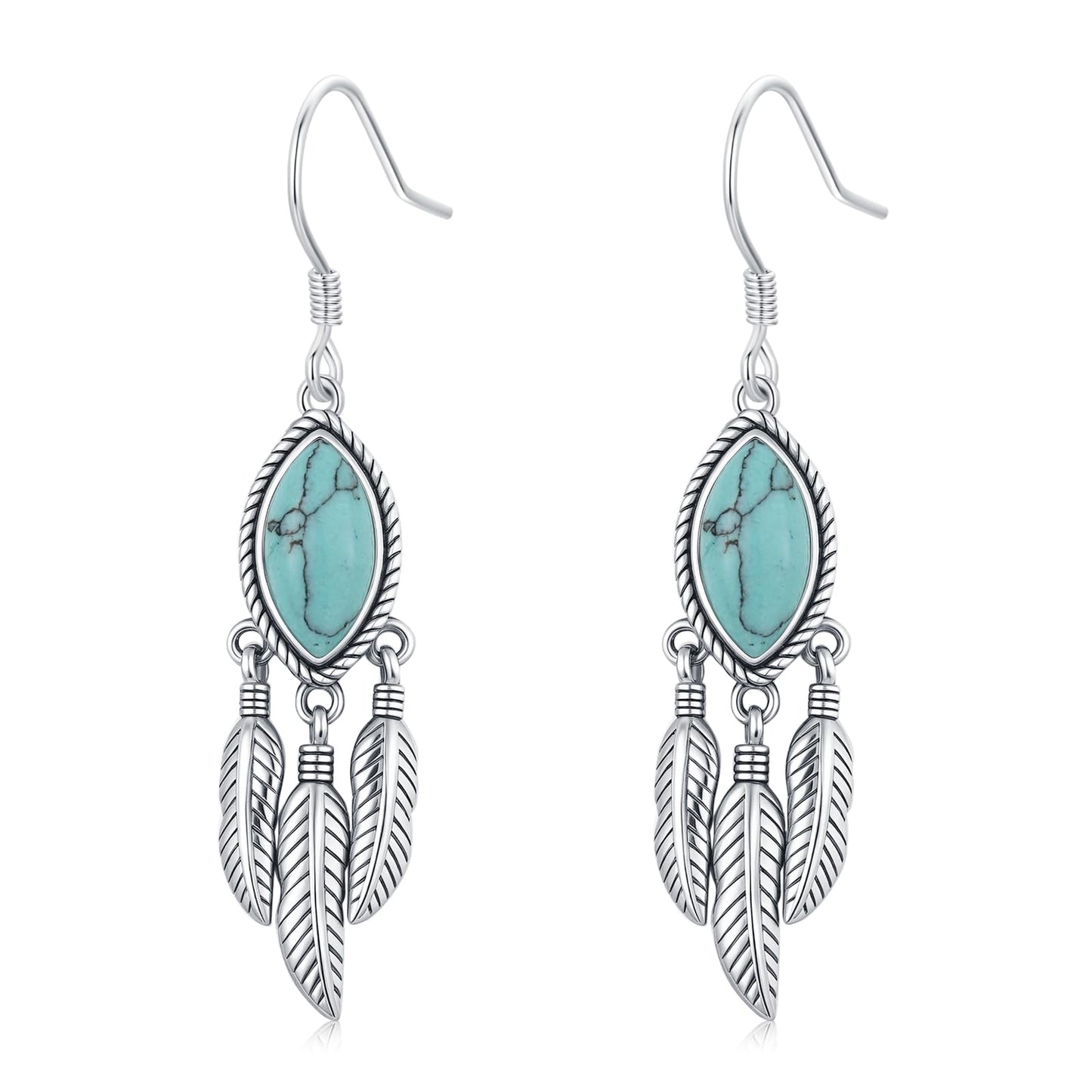 KoyeKei Turquoise Feather Dangle Drop Earrings for Women Western 925 Sterling Silver Feather Boho Leaf Statement Earrings Country Vintage Jewelry Christmas Gifts