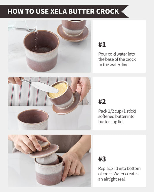 XELA Ceramic Butter Crock, The Original Reactive Two-Colour Glaze, Butter Dish With Water Line for Spreadable Fresh Butter - Ziying