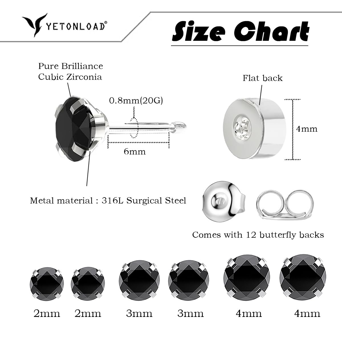 Women's Hypoallergenic Stainless Steel Cubic Zirconia Earrings Studs Set Multi-Pack, CZ Stud Earrings for Men 5 pairs 4-8mm, Titanium Stainless Steel Cubic Zirconia, black diamond