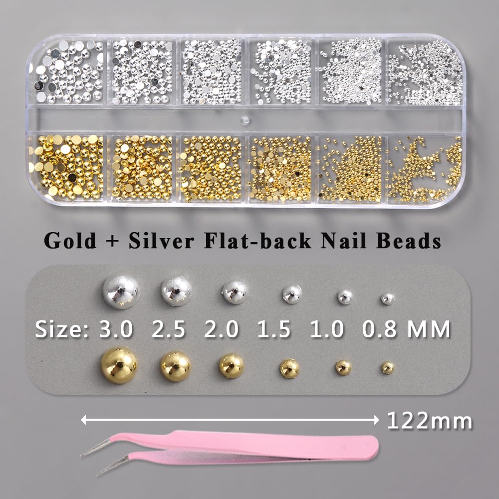 Silver and Gold Nail Charms and Gems, Mixed Sizes Half Round Flatback Stainless Steel Beads Metallic Caviar Beads Nail Rivets Studs Jewels with Tweezers Manicure Decorations DIY Crafts
