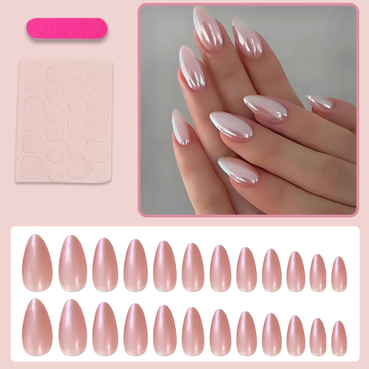 24Pcs Almond Press On Nails Pink Chrome Fake Nails Glossy Pearlescent Pink False Nails Reusable Artificial Nails Medium Length Acrylic Full Cover Glue on Nails for Women Wedding Party Manicure Set