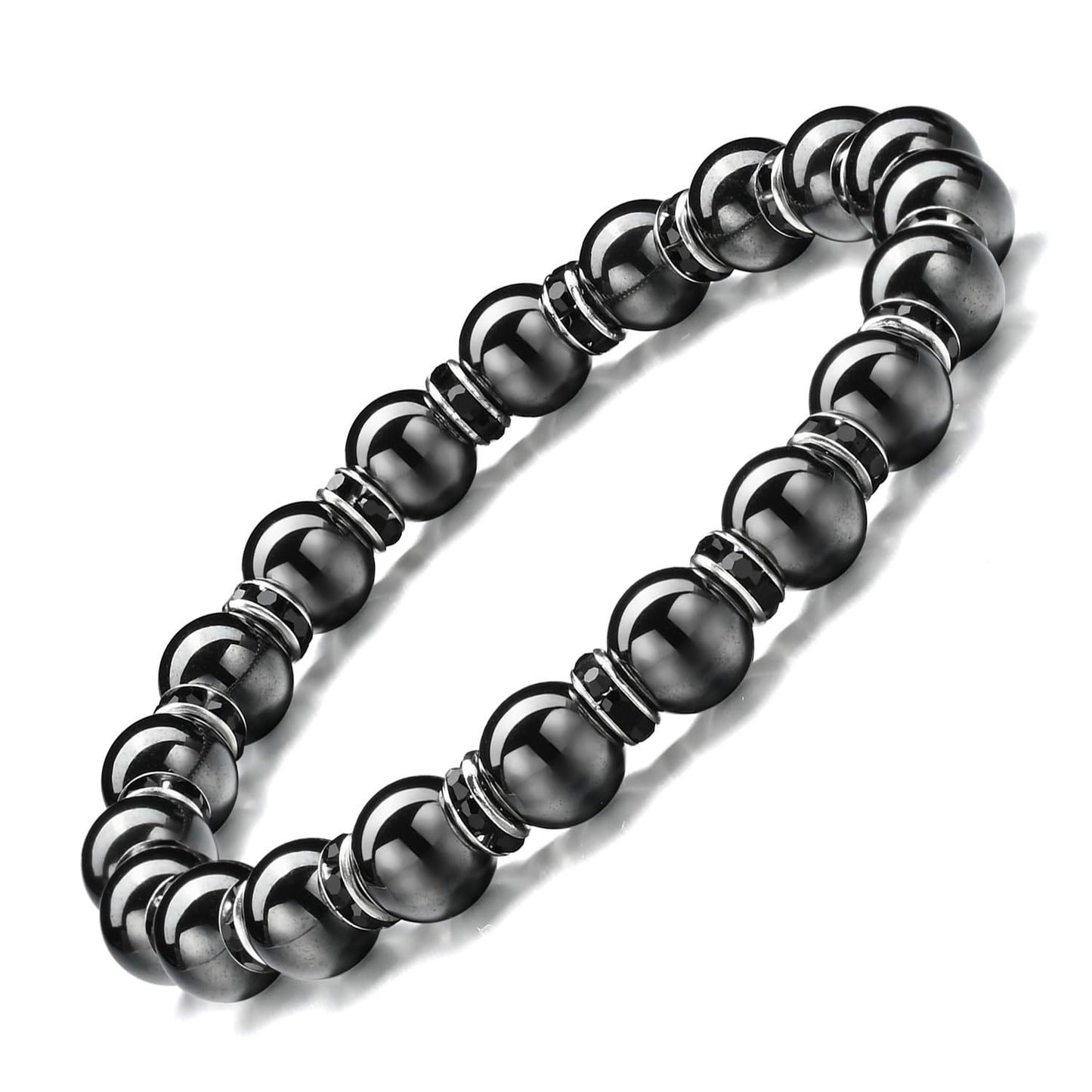 Apocalyptic-K Women's Magnetic Bracelet，Hematite Bracelets，Magnetic Bracelets With Zirconia,Handmade Stretch Bracelet，Eliminates static electricity. (Black Zirconia,8MM)