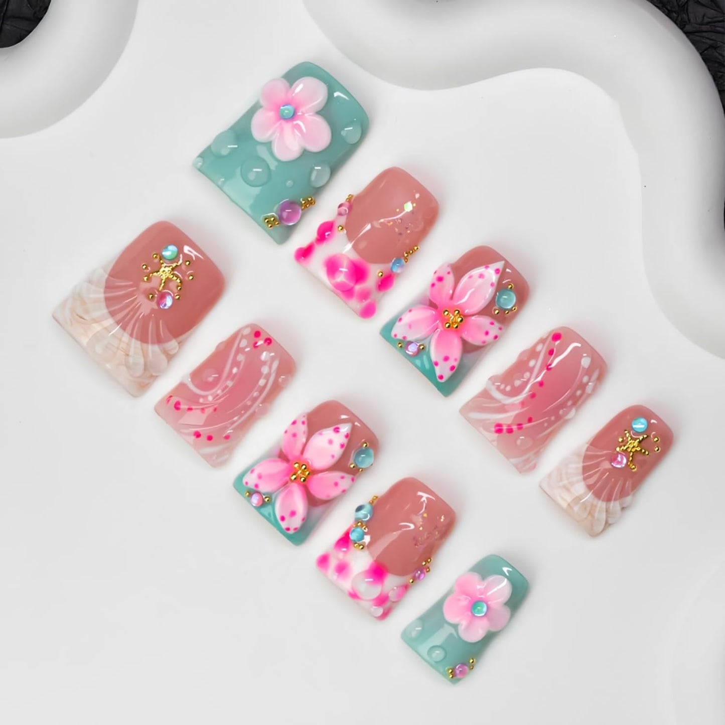 10 Pcs Handmade Press on Nails Duckbill Shape 3D Luxury Flower Acrylic Nails Summer Handmade Starfish Water Droplet Designs Short Fake Nails Thickened False Nail for Women (S)