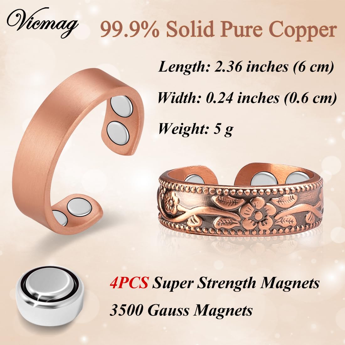 Vicmag Copper Magnetic Rings for Women 99.9% Copper Finger Ring Ultra Strength Magnet Gift Adjustable