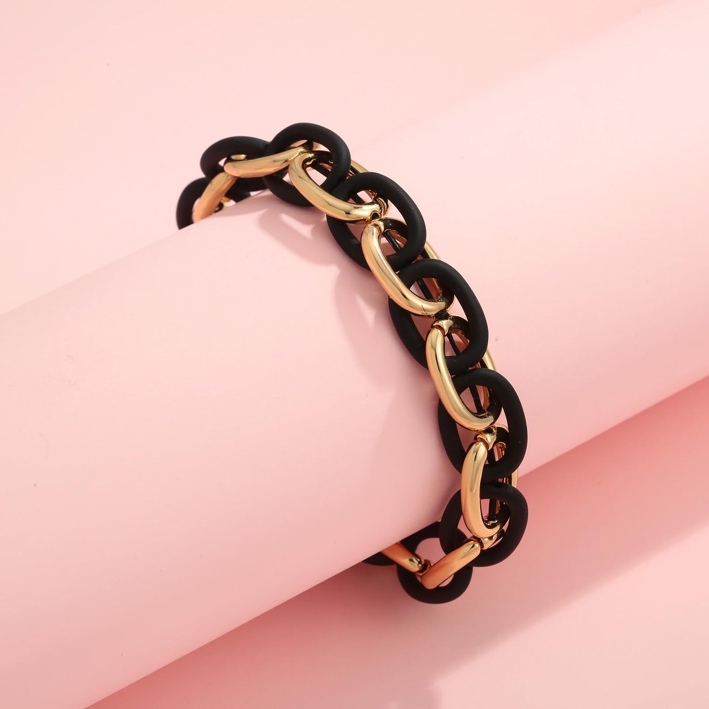WOWORAMA Chunky Chain Bracelet for Women Men Black Gold Stretch Link Chain Bangle Bracelets Mixed Metal Thick Chunky Link Bracelet Elastic Adjustable Statement Bracelets