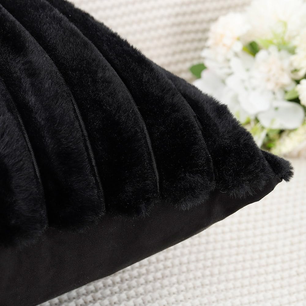 MADIZZ Set of 2 Faux Wool Plush Decorative Throw Pillow Covers 18x18 Inch Black Fluffy Striped Soft Decorative Cushion Cover for Sofa Bedroom Pillow Shell