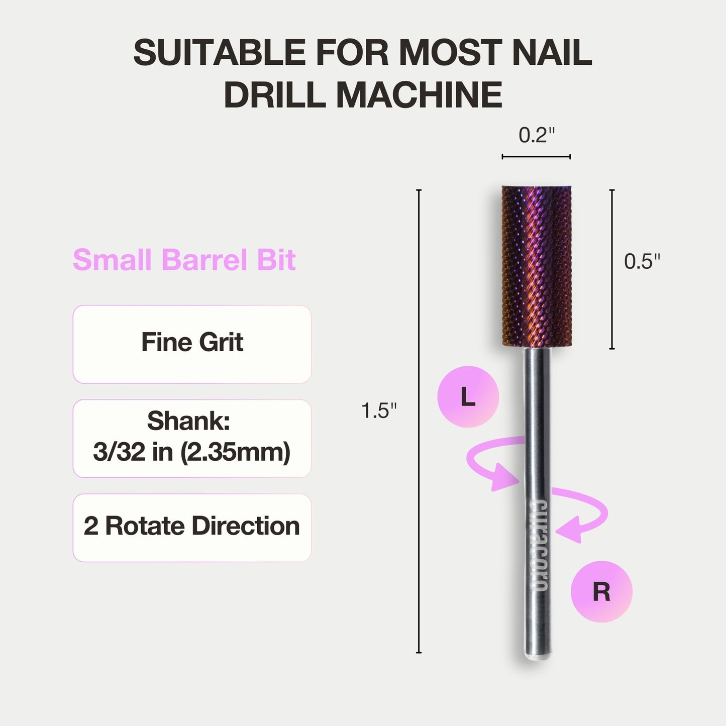 Curacoro Nail Drill Bits 3/32'' - Small Barrel Carbide Bit (Fine) for Professional Finish, Gently Remove, Buff & Polish Gel Nails, Nail Art Pedicure Manicure Salon & Home