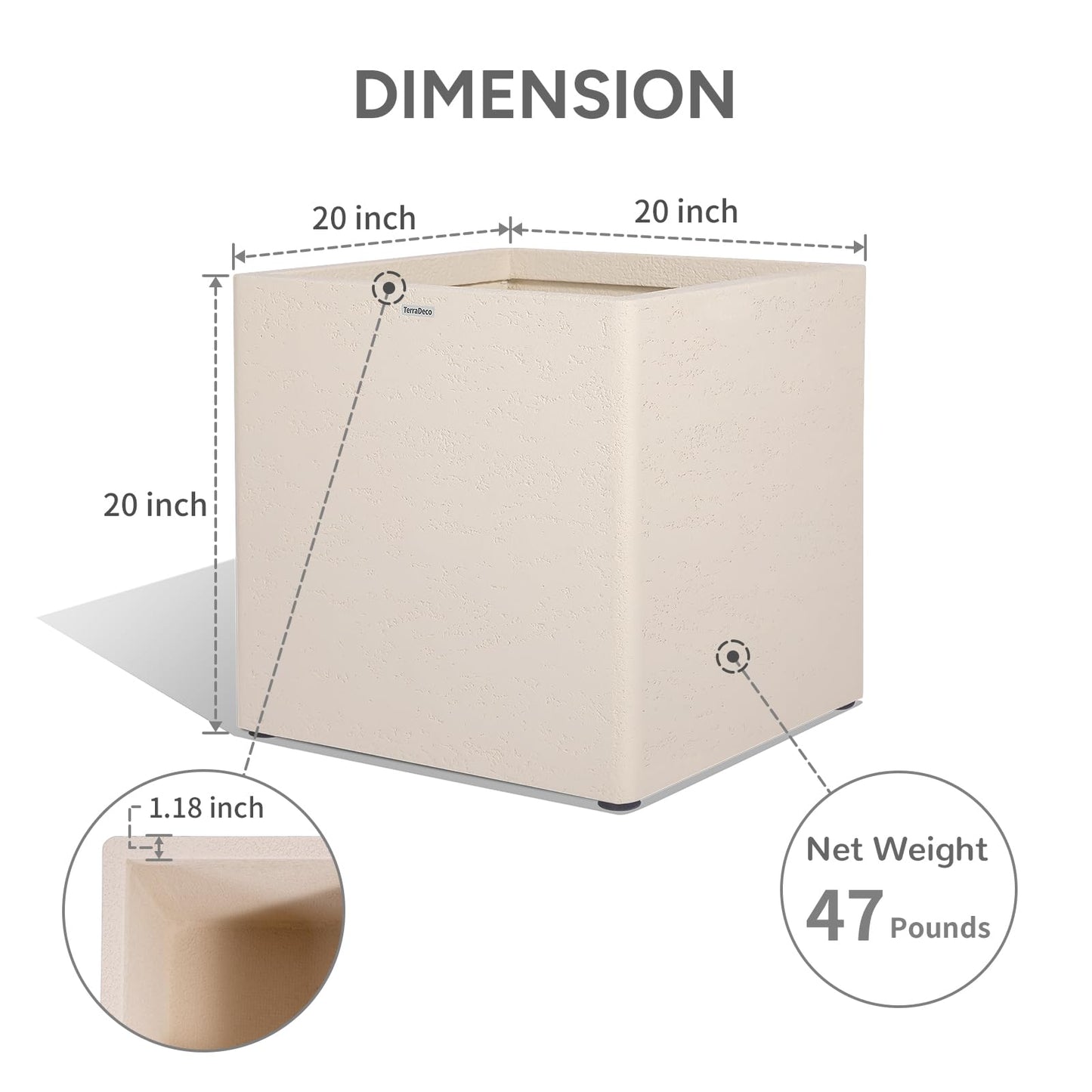 TerraDeco 20 Inch Square Concrete Planter（20Lx20Wx20H，48 Pounds）,Durable All-Weather Use with Drainage Holes,Large Square Planter for Outdoor Indoor Plants