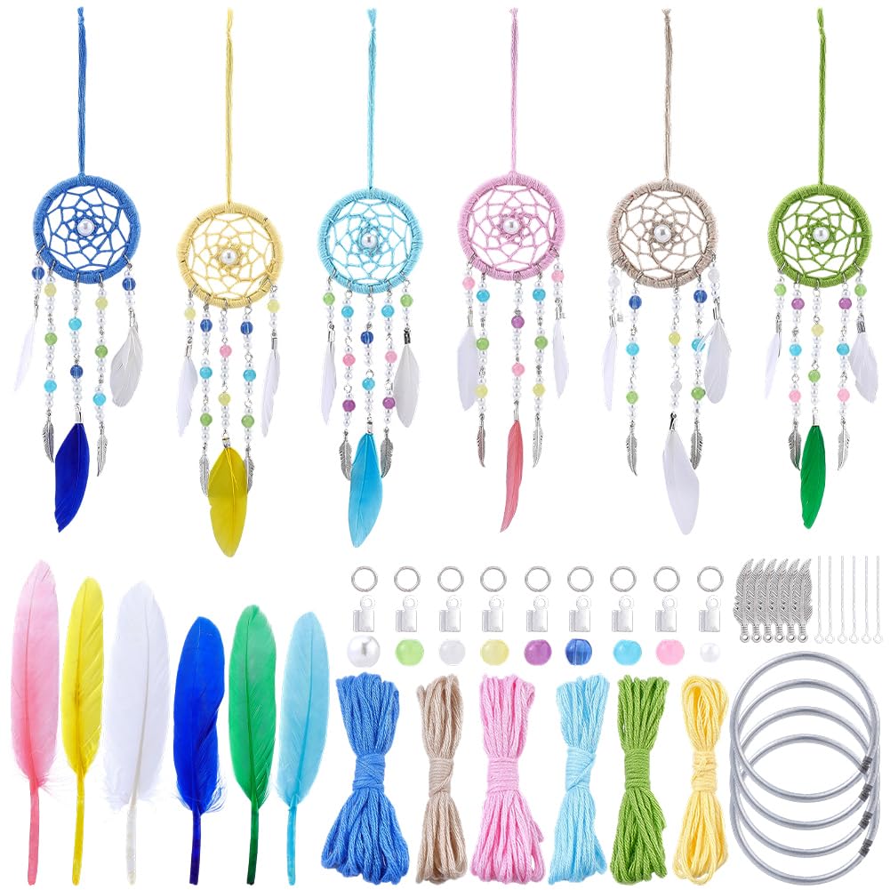 SUNNYCLUE DIY 6 Sets Dreamcatcher Kit Feather Dreamcatchers with Video Tutorials Wall Hanging Feathers Glass Beads Bohemian Ornament Making Kit for Car Mirror Home Decor Beginner Craft Handmade Gift
