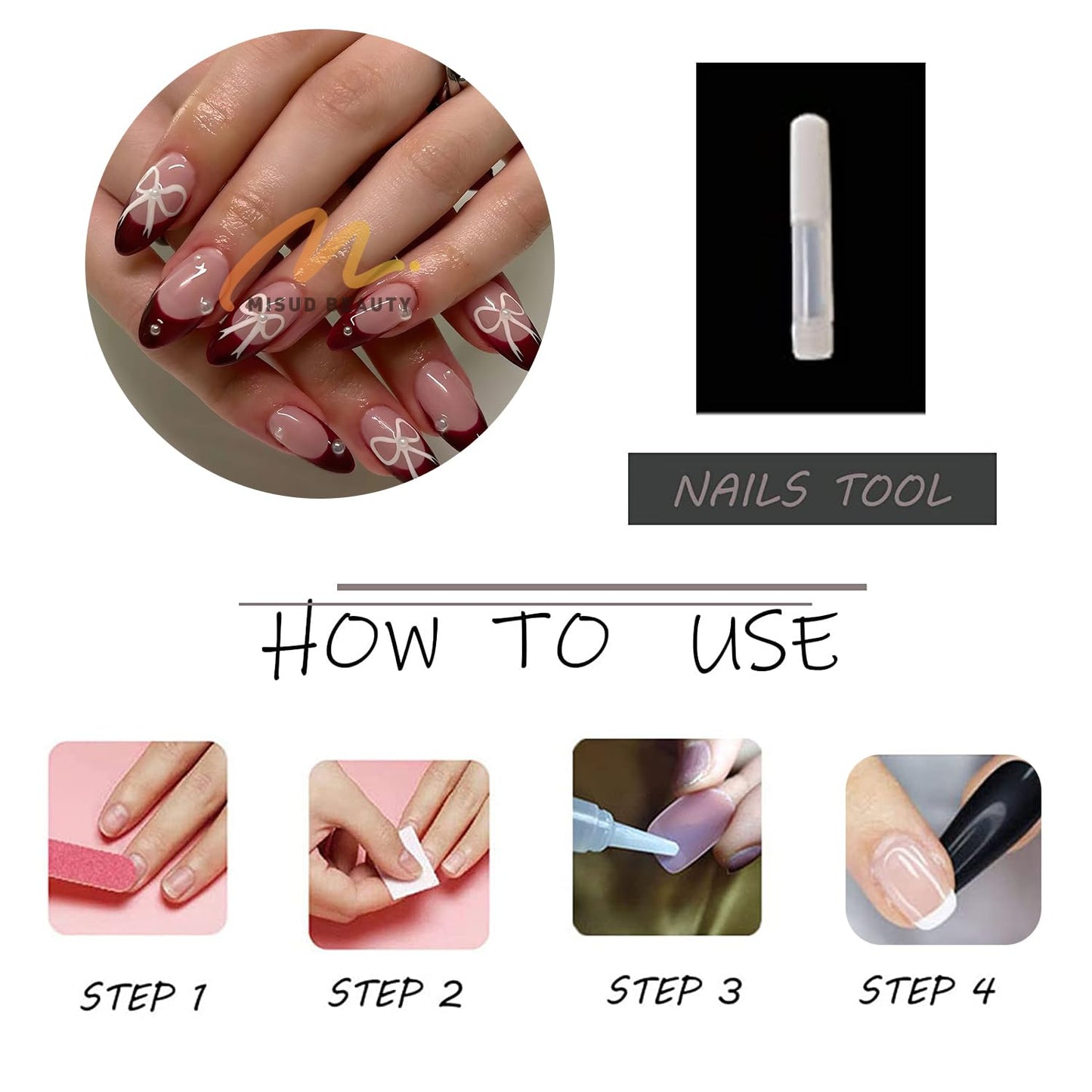 MISUD Press on Nails - Medium Almond Fake Nails with Wine Red French Tip, Acrylic Bow Pearl Design 24 pcs