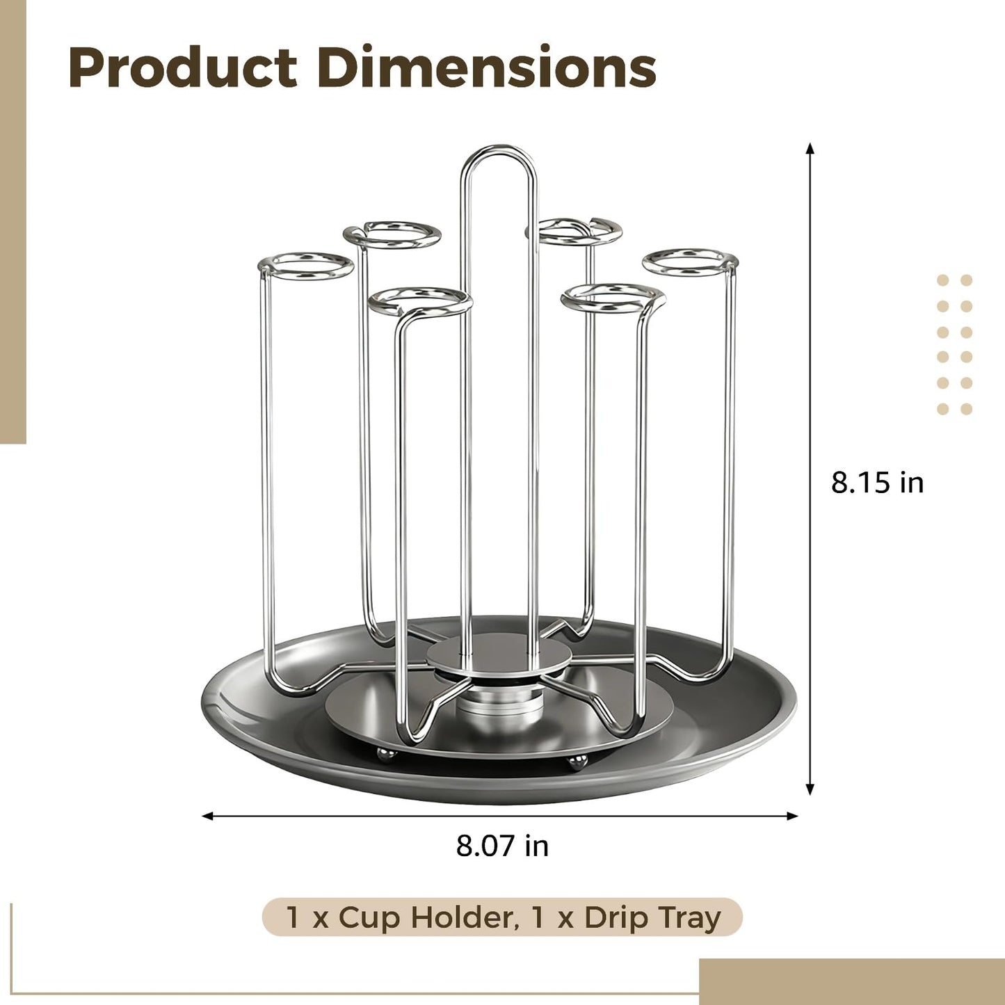 Toyosport Stainless Steel 4 Cups Mug Drying Rack, Rotating Bottle Drying Holder, Countertop Cup Drying Rack with Drain Tray, Space Saving
