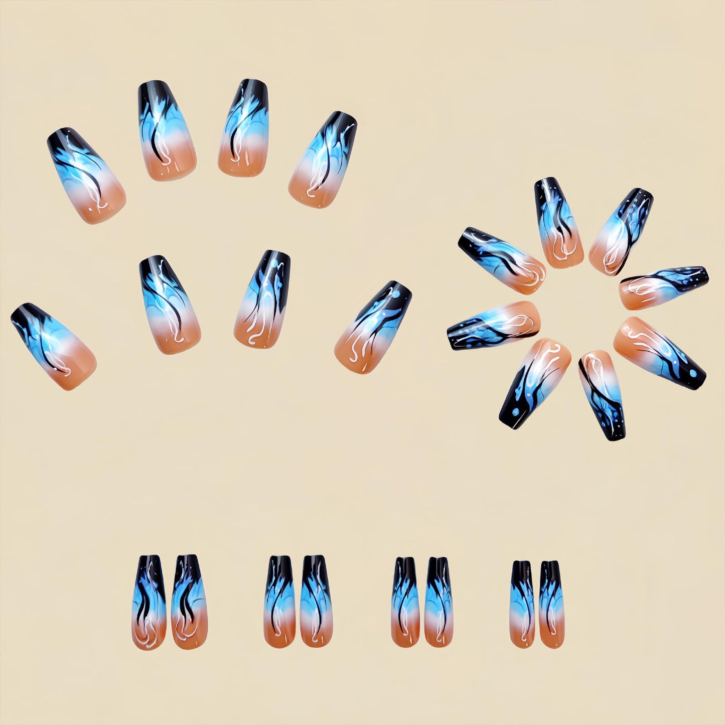 SINHOT Coffin Press on Nails - Long Fake Nails, Glossy Finish, Black Flame & Blue Gradient, DIY Artificial False Nail Art - 24 Pcs Nail Kit with Glue
